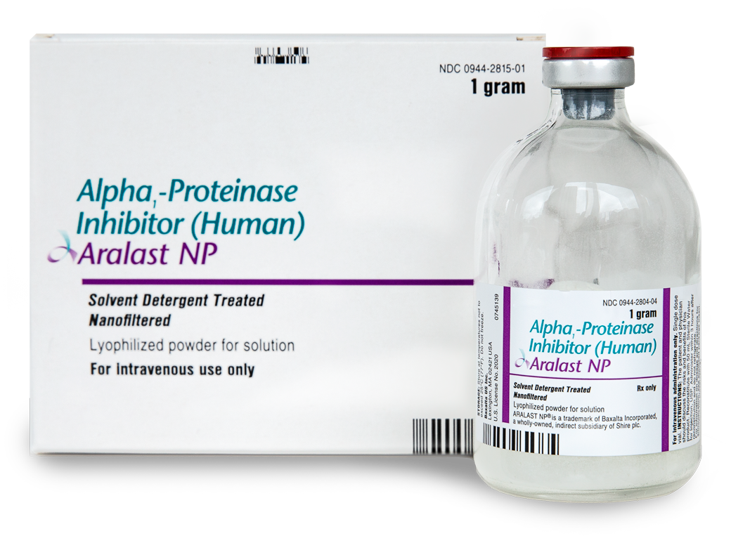 1 gram of Aralast NP intravenous (IV) bottle and packaging.